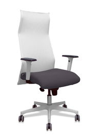 Sillón Albacete con mecanismo Sincro tapizada con Tela color Gris oscuro y malla color Blanco. Equipado con Base poliamida blanca, Brazos 1D y Ruedas 65 mm parqué