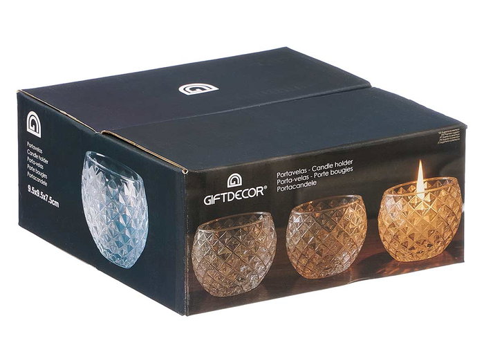 Giftdecor Portavela de Cristal Transparente con Diseño Rombo, Vidrio, Dimensiones: 9.2 cm x 7.5 cm x 9.2 cm (Set de 16)