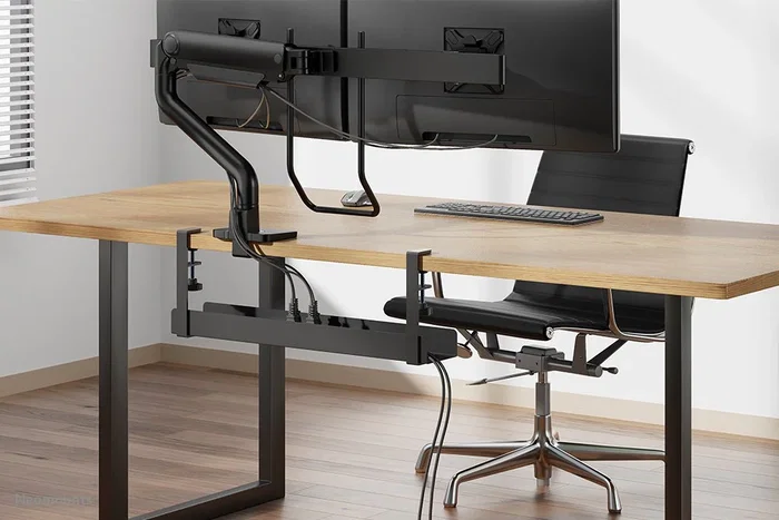 Neomounts ADS07-121BL Bandeja Organizadora de Cables para Escritorio, Negro, Montaje con Abrazadera Universal, Acero