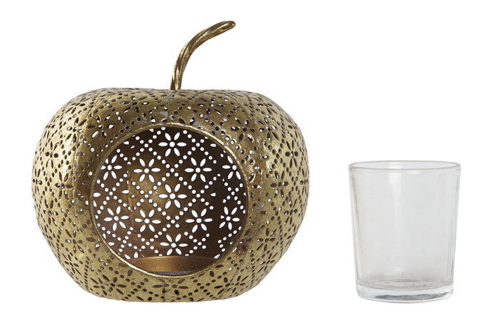 DKD Home Decor Portavelas de Metal y Cristal con Detalle de Manzana, Dorado DKD Home Decor Portavelas de Metal y Cristal con Detalle de Manzana, Dorado