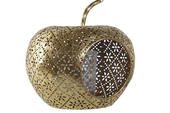 DKD Home Decor Portavelas de Metal y Cristal con Detalle de Manzana, Dorado DKD Home Decor Portavelas de Metal y Cristal con Detalle de Manzana, Dorado