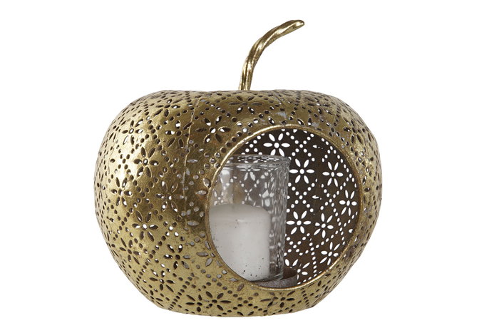 DKD Home Decor Portavelas de Metal y Cristal con Detalle de Manzana, Dorado DKD Home Decor Portavelas de Metal y Cristal con Detalle de Manzana, Dorado