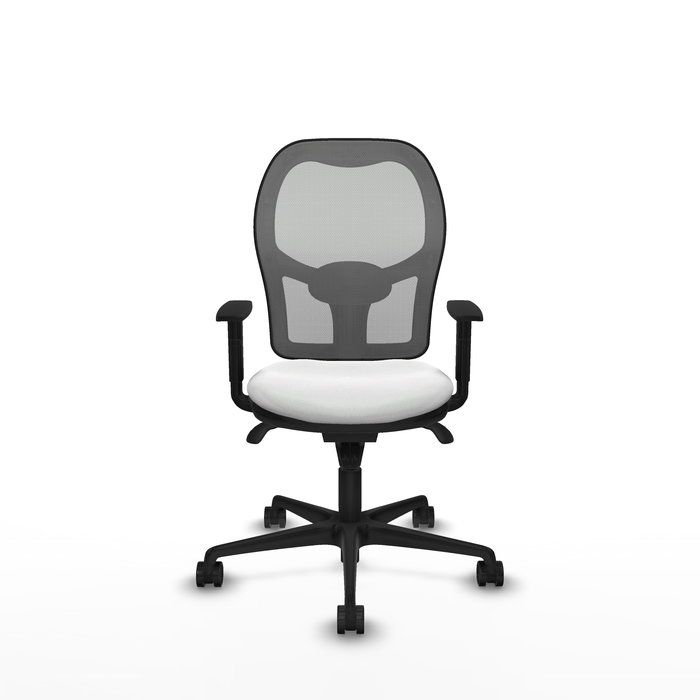 Silla de oficina Jorquera con mecanismo Sincro tapizada con Tela color Blanco y malla color Gris. Equipada con lumbar 1D, Brazos 1D y Ruedas 65mm nailon
