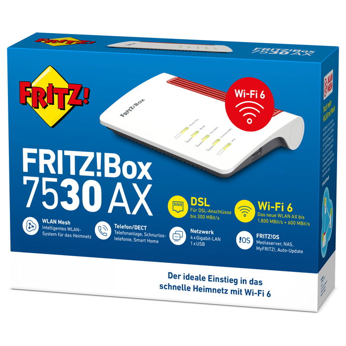 AVM Fritz!Box 7530 AX Router Wi-Fi 6 Doble Banda Ethernet ADSL Gigabit Ethernet VDSL Dual Band 2.4GHz 5GHz hasta 2400 Mbps