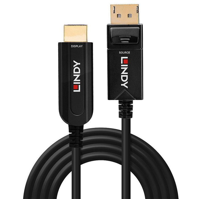 Lindy Cable Híbrido de Fibra Óptica DisplayPort 1.2 a HDMI 18G de 10m, Soporte 4K UHD y Conversión Activa