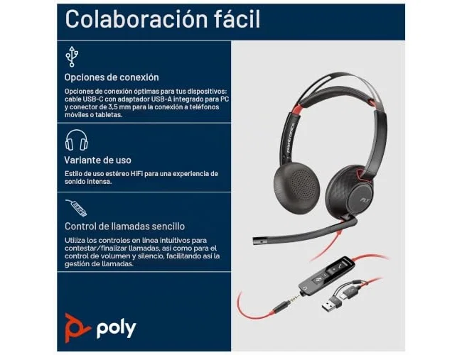 HP Poly Blackwire 5220 Stereo USB-C con adaptador y jack 3,5 mm, Negro