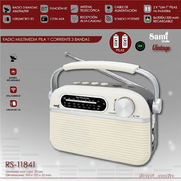 SAMI Radio Vintage Crema AC/DC 3 Bandas con Bluetooth, USB y Micrófono