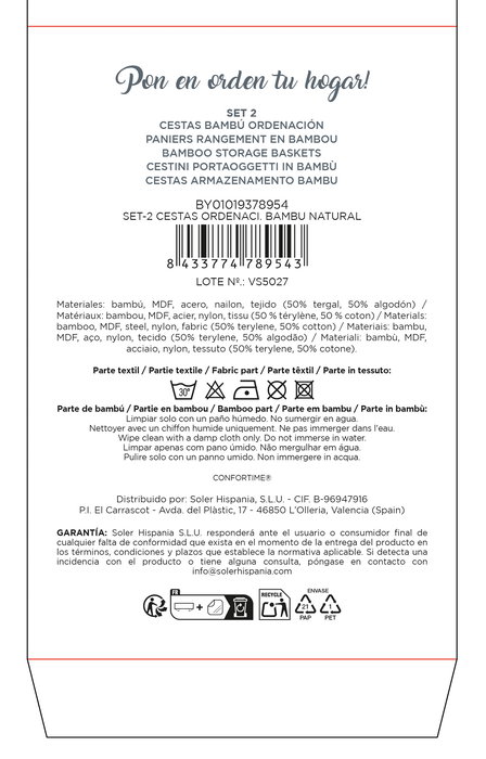 Confortime Set 2 Cestas de Ordenación de Bambú Natural, Medidas M: 23.5x16x9.5 cm y S: 20 cm (12 Unidades)