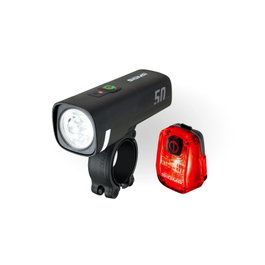 Sigma AURA 50 + HIRO 10 Juego de luces a batería para bicicleta, delantera 1100 lúmenes y trasera, recargable, urbano