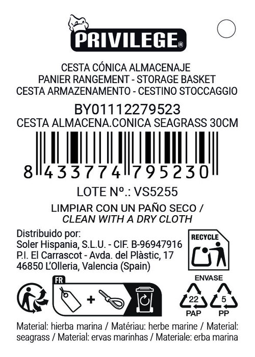 Inde Cesta Cónica Seagrass 30 cm (24 Unidades)