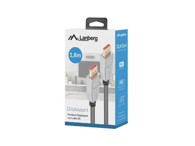Lanberg CA-DPDP-20CU-0018-BK Cable DisplayPort 1.4 1.8m 8K 7680x4320 240Hz Macho-Macho Negro y Plata