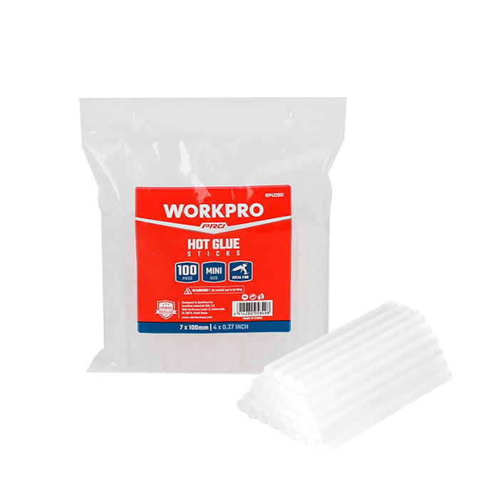 Workpro Barras de cola caliente termofusible Ø7 x 100 mm, transparentes e incoloras, adhesivo duradero y de fuerte adherencia, pack de 100 unidades