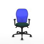 Silla de oficina Jorquera con mecanismo Sincro tapizada con Similpiel color Verde botella y malla color Azul. Equipada con lumbar 1D, Brazos 1D y Ruedas 65mm nailon