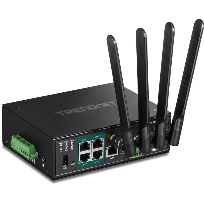 TRENDNET Router Industrial TI-WP100 AC1200 Dual Band (2.4 GHz/5 GHz) Gigabit Ethernet con 4 Puertos PoE+, Negro TRENDNET Router Industrial TI-WP100 AC1200 Dual Band (2.4 GHz/5 GHz) Gigabit Ethernet con 4 Puertos PoE+, Negro