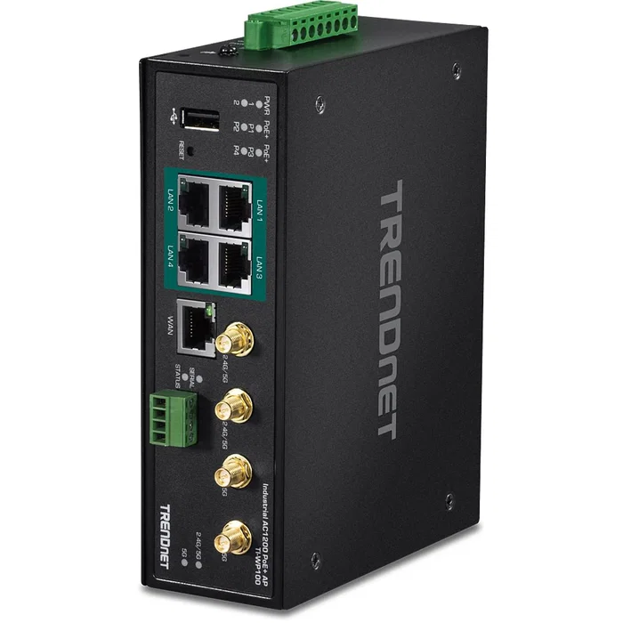 TRENDNET Router Industrial TI-WP100 AC1200 Dual Band (2.4 GHz/5 GHz) Gigabit Ethernet con 4 Puertos PoE+, Negro TRENDNET Router Industrial TI-WP100 AC1200 Dual Band (2.4 GHz/5 GHz) Gigabit Ethernet con 4 Puertos PoE+, Negro