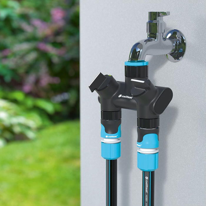 Cellfast Distribuidor de 2 Vías con Válvulas para Grifo de Rosca Energo 6 Bar, ½ pulg - ¾ pulg y 1 pulg, Blíster