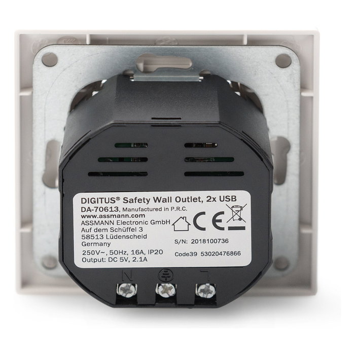 Digitus Enchufe de Pared con 2 Puertos USB A, Blanco, 250V, 2.1A - Para Tomacorriente Empotrado