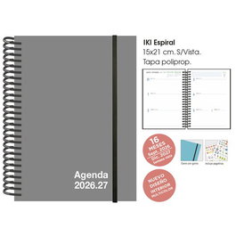 Agenda Anual (2026-27) Senfort 16 Meses Iki Unicolor Espiral Tapa Pp Con Goma 155X215 S/V Gris