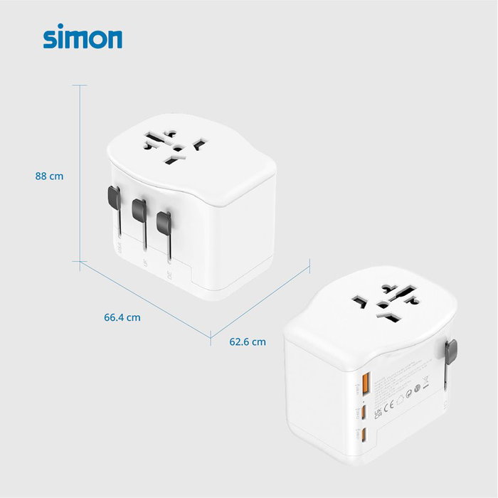 Simon Adaptador de Viaje Universal con 3 Puertos USB (1A+2C) y Carga Rápida 20W - Incluye Bolsa de Viaje