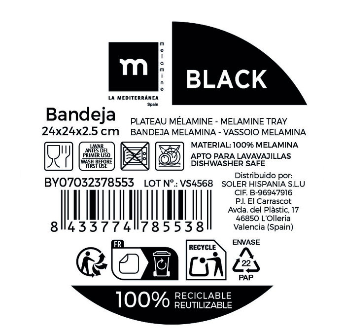 Inde Bandeja La Mediterrane Melamina Mate Black 24x24x2.5 cm (12 Unidades) inevitable Inde Bandeja La Mediterrane Melamina Mate Black 24x24x2.5 cm (12 Unidades) inevitable