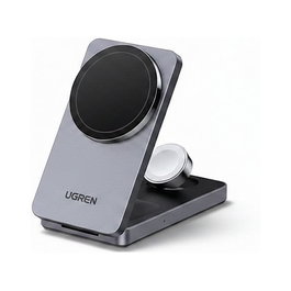 UGREEN W707 Cargador Magnético Inalámbrico 3-en-1 15W para Escritorio, Plegable y Gris, para iPhone, AirPods y Apple Watch