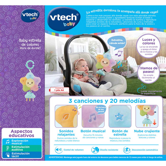 V-Tech 80-587222 Baby Estrella De Colores Hora De Dormir - Luz Nocturna Interactiva en Español con Música, Sonidos Naturaleza y 3 Modos de Luz, para Bebés +0 Meses