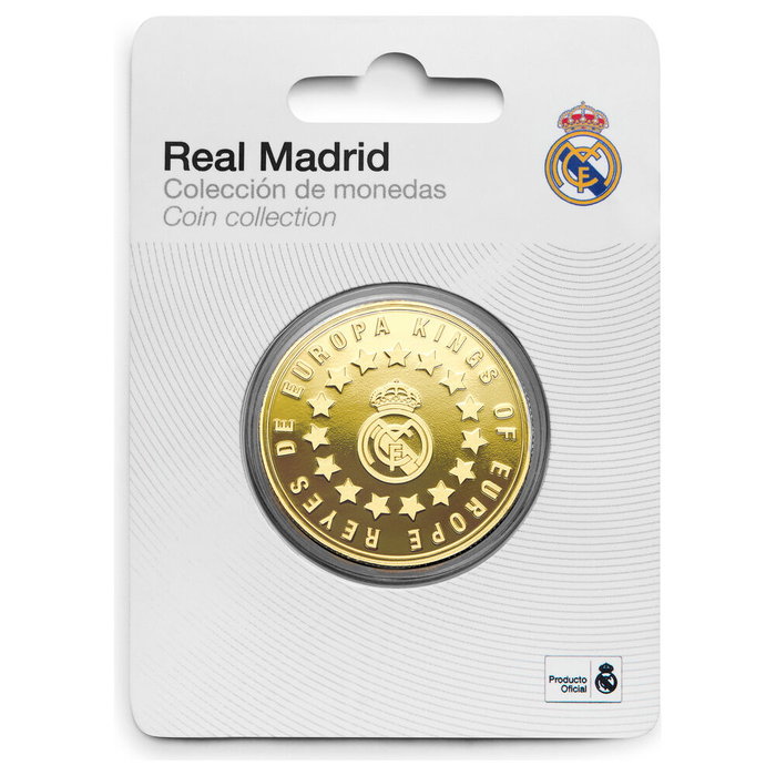 REAL MADRID - Moneda Conmemorativa Coleccionista Europa Kings Real Madrid, en Aleación de Zinc con Acabado Dorado y Grabado en Relieve - Cápsula Acrílica y Caja