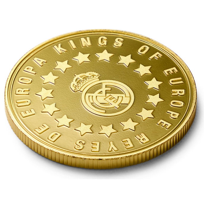 REAL MADRID - Moneda Conmemorativa Coleccionista Europa Kings Real Madrid, en Aleación de Zinc con Acabado Dorado y Grabado en Relieve - Cápsula Acrílica y Caja