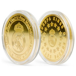 REAL MADRID - Moneda Conmemorativa Coleccionista Europa Kings Real Madrid, en Aleación de Zinc con Acabado Dorado y Grabado en Relieve - Cápsula Acrílica y Caja