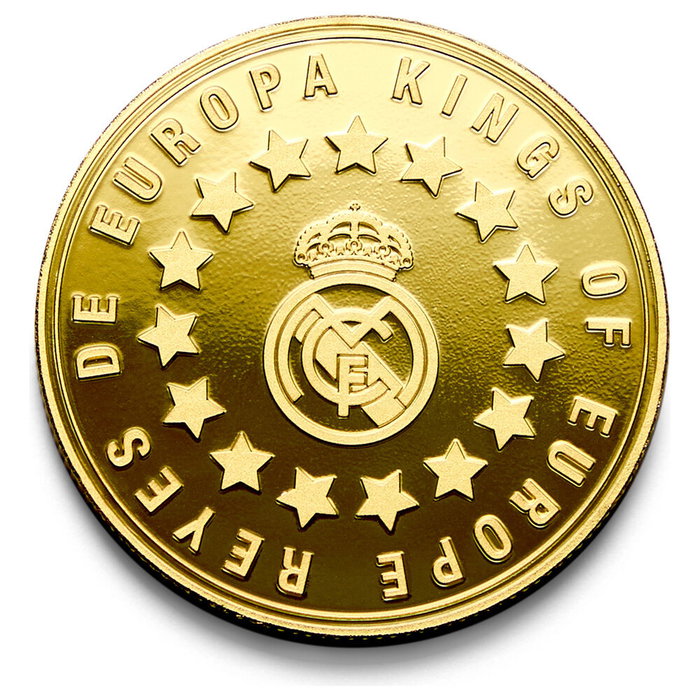 REAL MADRID - Moneda Conmemorativa Coleccionista Europa Kings Real Madrid, en Aleación de Zinc con Acabado Dorado y Grabado en Relieve - Cápsula Acrílica y Caja