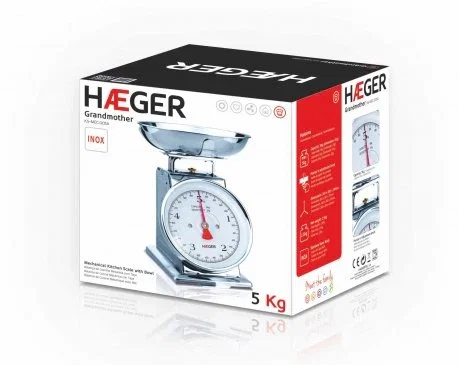 Haeger KS-MEC.005A Báscula de Cocina Mecánica 'Grandmother' de Acero Inoxidable, 5 kg de Capacidad y Graduación en Gramos