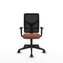 Silla de oficina Motilla con mecanismo Sincro tapizada con Tela color Marrón y malla color negra. Equipada con lumbar 1D, Brazos 1D y Ruedas 65mm nailon