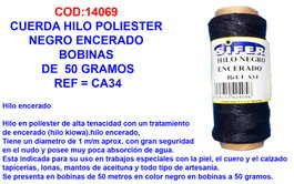 Cuerda de hilo poliéster negro encerado 1 mm Ø bobina de 50 gramos