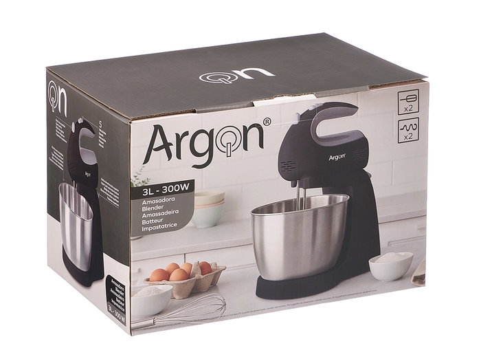 ARGON Amasadora 300W Negro 30 cm x 19 cm x 21 cm con Batidora de Huevo y Amasar (Set de 4)