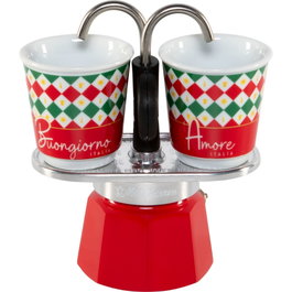 Bialetti Set Mini Express TRICOLORE DAMIER con tazas y bandeja de aluminio