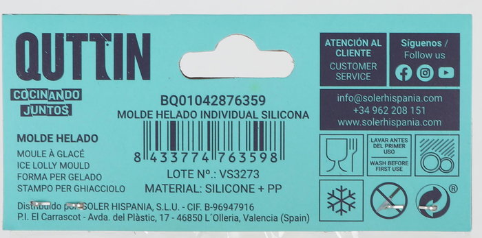 Quttin Molde Helado Individual Silicona 10.6 cm Ancho x 18.1 cm Largo x 2.7 cm Alto (36 Unidades)