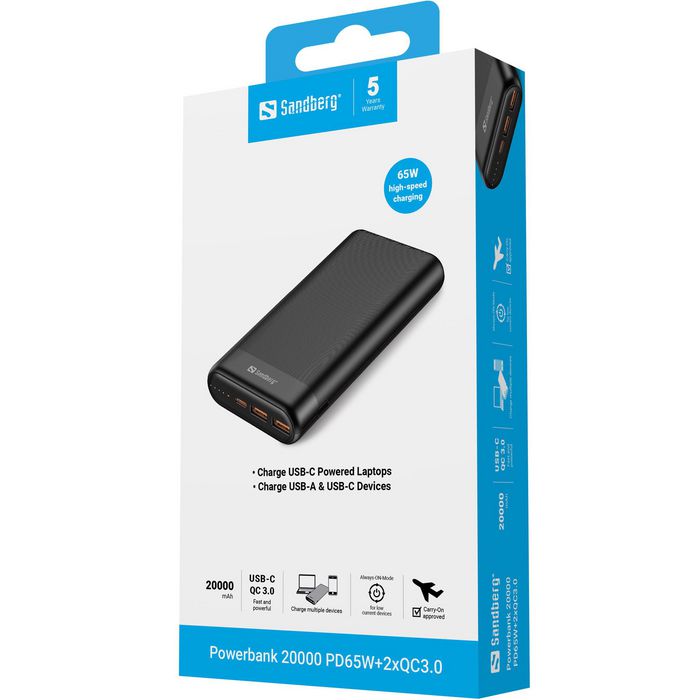 Sandberg Powerbank 20000 PD65W+2xQC3.0 Batería Externa Alta Velocidad Carga Rápida para Móviles y Portátiles USB-C PD 65W Sandberg Powerbank 20000 PD65W+2xQC3.0 Batería Externa Alta Velocidad Carga Rápida para Móviles y Portátiles USB-C PD 65W