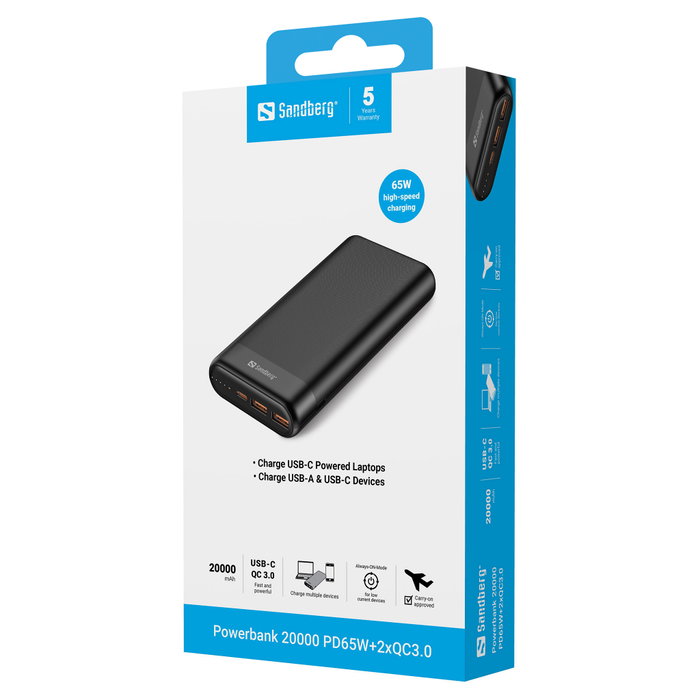 Sandberg Powerbank 20000mAh 65W PD/QC3.0 Negra