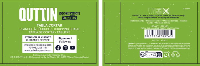 Quttin Tabla para Cortar de Bambú 37 x 22 x 0.8 cm (12 Unidades)