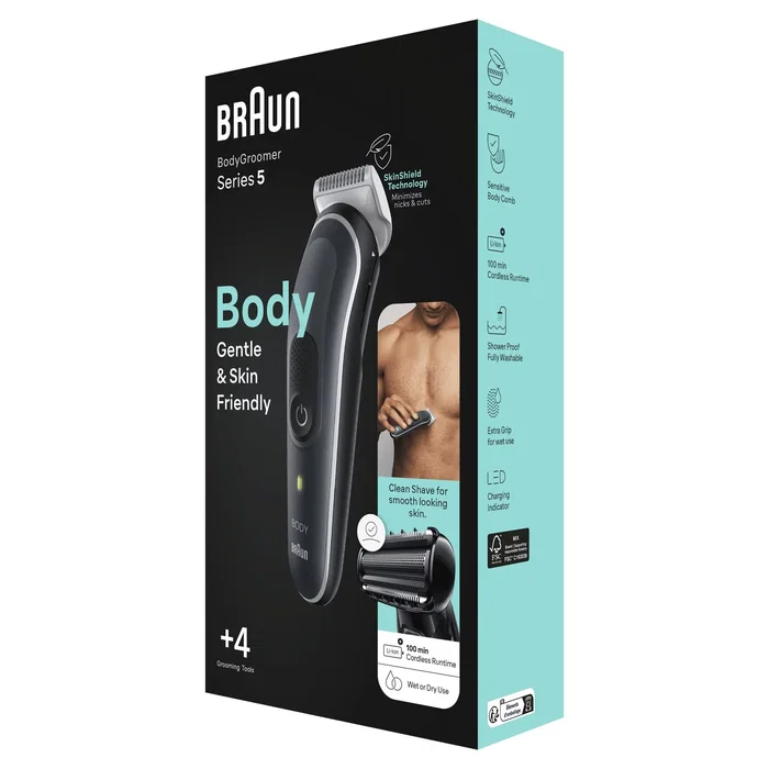 Braun BodyGroomer BG5360 Máquina de Afeitar y Recortador Corporal, Mojado y Seco, a Batería, Gris