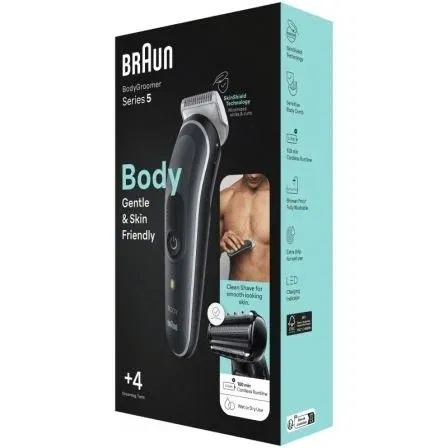 Braun BG5360 BodyGroomer Series 5 - Cortapelos/afeitadora corporal recargable para hombre, resistente al agua, uso seco/mojado, 4 accesorios