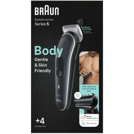 Braun BG5360 BodyGroomer Series 5 - Cortapelos/afeitadora corporal recargable para hombre, resistente al agua, uso seco/mojado, 4 accesorios