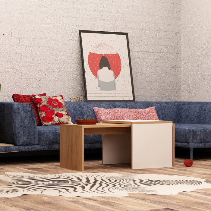 Hanah Home Mesa de Centro Roble y Blanco 90cm x 42cm x 40cm