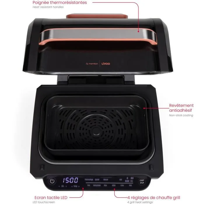 Livoo Freidora y Grill sin Aceite DOC305 - 6 L - 1500-1700 W - 2 en 1 - 8 Programas - 4 Niveles de Calentamiento