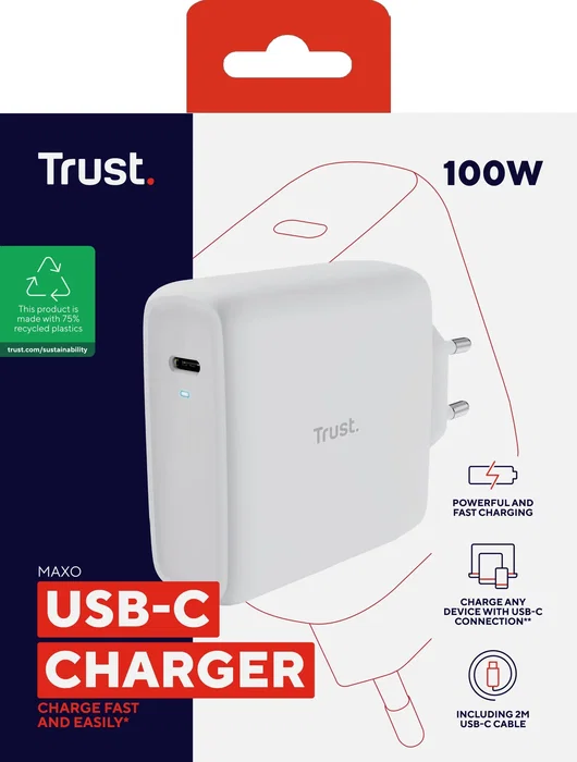 Trust Maxo Cargador de Pared USB-C 100W Blanco con Cable 2m Trust Maxo Cargador de Pared USB-C 100W Blanco con Cable 2m