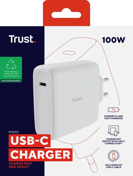 Trust Maxo Cargador Pared USB-C 100W (25140) con PD 3.0 y PPS, Blanco, Incluye Cable USB-C a USB-C de 2 Metros Trust Maxo Cargador Pared USB-C 100W (25140) con PD 3.0 y PPS, Blanco, Incluye Cable USB-C a USB-C de 2 Metros
