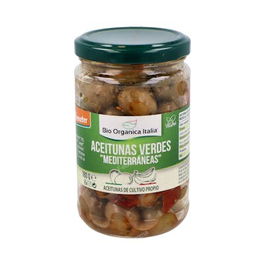 BIO ORGANICA ITALIA Aceitunas Verdes Mediterraneas Aliñadas con Aceite de Oliva Virgen Extra y Especias 180Gr