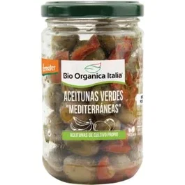 BIO ORGANICA ITALIA Aceitunas Verdes Mediterraneas Aliñadas con Aceite de Oliva Virgen Extra y Especias 180Gr