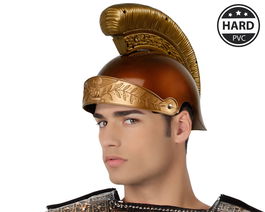 Casco Romano Dorado para Hombre Adulto con Pluma Rígida y Relieves - Accesorio Temático de Romanos