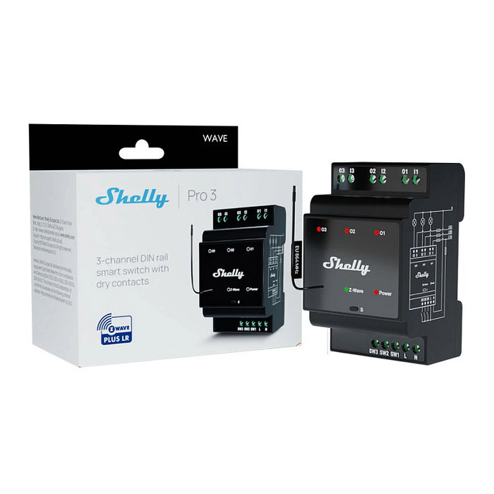 Shelly Wave PRO 3 Relé Inteligente 3 Relés 3 Fases 3x16A Carril DIN Z-Wave Shelly Wave PRO 3 Relé Inteligente 3 Relés 3 Fases 3x16A Carril DIN Z-Wave